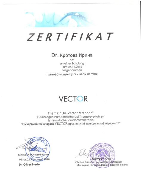 Сертификат на использование аппарата Вектор